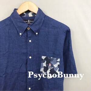 【美品・良品】サイコバニー Psycho Bunny ヘンプシャツ 半袖 トップス カモフラージュ柄 ワッペン ブルー メンズ Lサイズ £▽