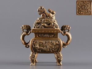 【K】中国美術 時代 銅製 大明銘 四足 香炉 うぶ品 b744