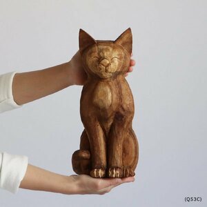１０００円～スタート。飼い主募集。天然無垢ウッド 手彫り木彫りART “ にんまり座り猫 -右尻尾- ” サビ猫 錆猫 ネコ 笑う福猫 Q53C