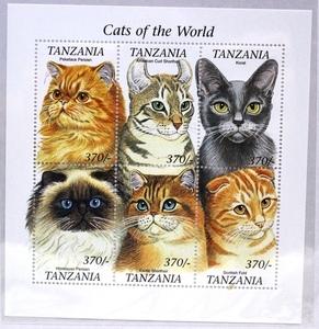 海外切手　タンザニア　ネコ切手　６面シート　１９９９年　　F.3