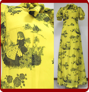古着♪レトロ・Vintage個性的！黄風景と女性柄ドレスワンピ♪70s60s70年代60年代ヴィンテージ日本製衣装式昭和半袖アンティーククラシカル