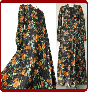 古着♪レトロ・Vintage黒花柄ドレスワンピ♪70s60s70年代60年代80年代ヴィンテージ日本製衣装式個性的昭和長袖アンティーククラシカル即決