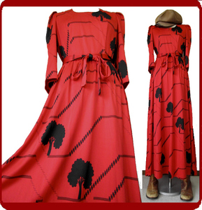 古着♪レトロ・Vintage赤黒サイケ木柄ドレスワンピ♪70s60s70年代60年代ヴィンテージ日本製衣装個性的昭和アンティーククラシカル即決