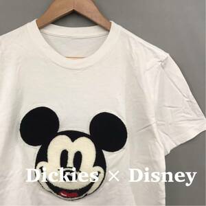 【良品】ディッキーズ ディズニー Dickies Disney コラボ 半袖 Tシャツ ミッキーマウス パイル地 丸首 ワッペン メンズ ホワイト M £△