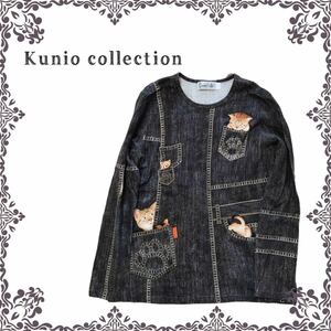 送料無料　Kunio collection クニオコレクション　レディース 長袖Tシャツ　ねこ　猫　 デニムプリント ポケット Mサイズ　日本製