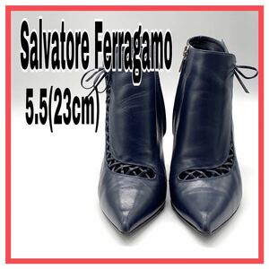 レディース Salvatore Ferragamo サルヴァトーレフェラガモ ショートブーツ ブーティ パンプス ポインテッドトゥ ネイビー 5.5 23cm 