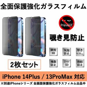 iPhone 14Plus / iPhone 13ProMax 覗き見防止全面保護強化ガラスフィルム2枚セット