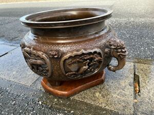 銅彫 銅火鉢 年代物 唐銅 火鉢　