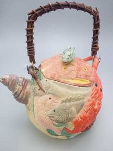 明治期 萬古焼 急須 輸出品 土瓶 骨董品 アンティーク 伊勢海老 貝 鯛 鮟鱇