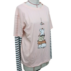重ね着風　プリント長袖ストライプTシャツ　ピンク　猫　【新品未使用・海外輸入】