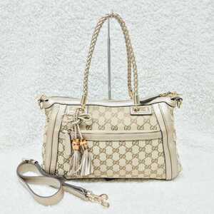 美品 GUCCI グッチ 282300 GG ベラ 2WAY トートバッグ ショルダー バッグ 鞄 キャンバス バンブー タッセル ブラウン ゴールド レディース