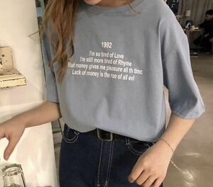 レディース トップス 夏服 半袖Tシャツ 韓国ファッション 英字ロゴ L ブルー