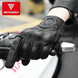 MOTOWOLF バイクグローブ サイクリンググローブ 革手袋 レザー 新品 ブラック メッシュ Lサイズ