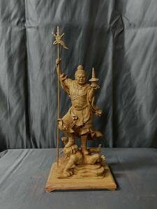 仏教工芸品　総ケヤキ製　井波彫刻　極上彫　木彫仏像　毘沙門天立像