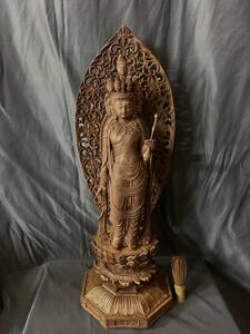 大型高62cm 井波彫刻　仏教工芸品　総楠製　極上彫　木彫仏像　十一面観音菩薩立像