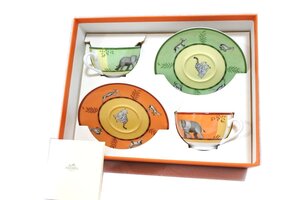 1円●新品同様箱付●エルメス●アフリカ カップ&ソーサー 2客セット●ライトグリーン×オレンジ×イエロー 黄緑黄色白 コーヒー ティー