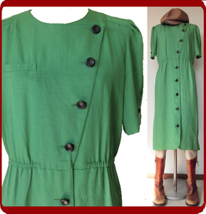古着♪レトロ・Vintage緑無地タイトワンピ♪70s60s70年代60年代80年代90年代ヴィンテージ日本製衣装式昭和モダンアンティーククラシカル