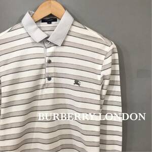バーバリーロンドン BURBERRY LONDON ポロシャツ 長袖 トップス 日本製 三陽商会 細身 ライトグレー ホワイト メンズ Mサイズ £□