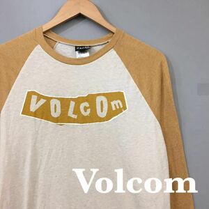 ボルコム Volcom シャツ 七分袖 丸首 ラグラン ベースボールシャツ プリント Tシャツ ベージュ メンズ Sサイズ ♭◯∞