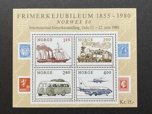 外国切手（未使用）ノルウェー 1980年発行 NORWEX 80 国際切手展 4種小型シート - 運送 輸送 交通、機関車 船 バス 自動車 飛行機 航空機