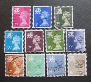 使用済み　イギリス　(UK) Wales（ウエールズ）　１９７１－１９７６年　エリザベスII 女王　切手　１１枚　送料無料
