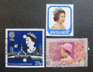 使用済み　オーストラリア　(Australia)、ニュージーランド（New Zealand) 　エリザベスII女王写真入り切手　３枚　送料無料