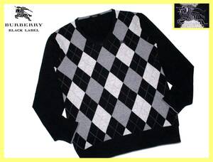 大人気サイズ L(3)☆バーバリーブラックレーベル グレーホース刺繍 ブリティッシュ アーガイル柄 Vネック ニットセーター