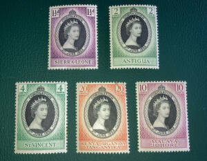 【外国切手】1953年 エリザベス女王戴冠式 計５枚 未使用♪