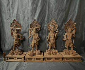 大型高56cm 井波彫刻　仏教工芸品　総楠製　極上彫　木彫仏像　四天王像一式