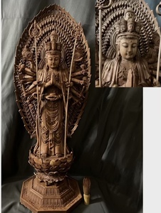 特大型高80cm 仏教工芸品　総楠製　井波彫刻　極上彫　木彫仏像　千手観音菩薩立像