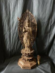 大型　高61cm 井波彫刻　仏教工芸品　総楠製　極上彫　木彫仏像　月光観音菩薩立像