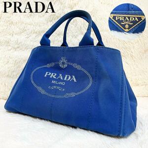 PRADA プラダ トートバッグ カナパL ブルー キャンバス レザー ゴールド金具 ハンドバッグ レディース
