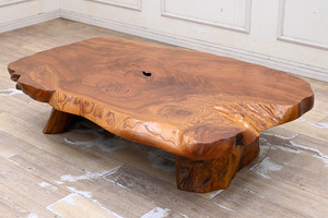 KY151 高樹齢材 欅 けやき 極上木目 縮杢 金襴杢 一枚板 座卓 座敷机 ローテーブル リビングテーブル ちゃぶ台