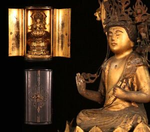 寺院買取品 時代 仏教美術 木造 釈迦如来菩薩 仏像 座像 厨子入 高さ22.5cm 細密彫[41051ie]