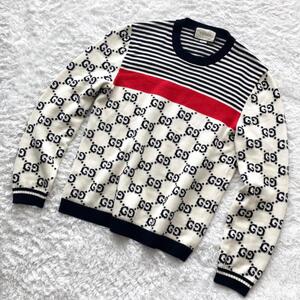 【国内正規】美品◆GUCCI グッチ ストライプ コットン ニット GGロゴ ジャガード 総柄 ボーダー セーター イタリア製 メンズ Lサイズ 1円