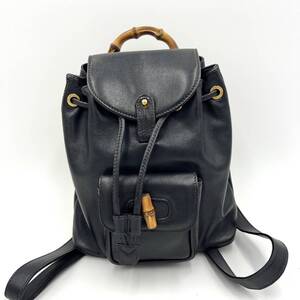 【鑑定済】 美品 定価14万 GUCCI グッチ バンブー ブラック 黒 レザー バックパック リュックサック 竹 本革 ミニ レディース