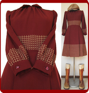 古着♪レトロ・Vintage赤エンジモッズワンピ♪70s60s70年代60年代ヴィンテージ衣装昭和アンティーククラシカルヨーロッパ小さサイケポップ
