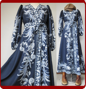 古着♪レトロ調・青紺鳥と花柄ロングワンピ♪マキシ丈ドレス70s60s70年代60年代80年代ヴィンテージ衣装個性的昭和アンティーククラシカル