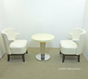 モダンデザイン テーブル ソファ 3点セット ◆ 丸テーブル 直径605×高さ612、レザーソファ 幅540 奥行580 高さ790mm 高級ホテル