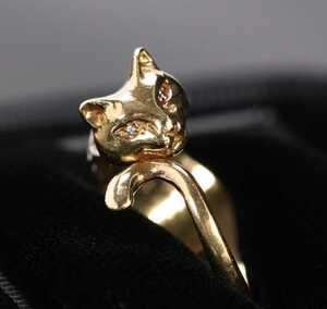 CCK18 猫モチーフK18ヴィンテージリング デザインリング ダイヤモンド 0.048ct 750 Pt900 9号 Catコンビぶち猫プラチナ YG PG コンビ 指輪