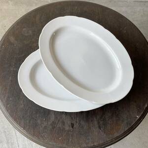 白磁 大 2枚set オーバルリム デットストック 検: 楕円 陶器 メイン ワンプレート フランス アンティーク ビンテージ オーバルプレート 