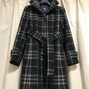 バーバリーロンドンBURBERRY LONDOMウールコート ラメ混黒白ノバチェック サイズ38 トレンチ風 スタンドカラー 三陽商会 日本製