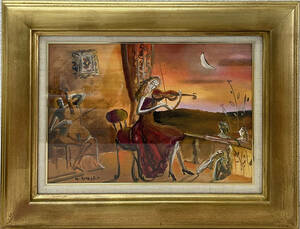 織田広比古「バラ色のヴァイオリン」キャンバスに油彩　4号サイズ　額装　真作保証