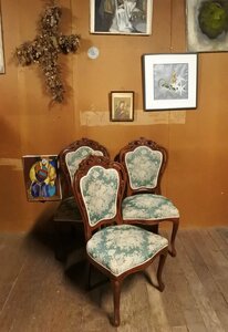 イタリア ヴィンテージ 猫脚 ダイニングチェア グリーン 花柄 刺繍/アンティーク ビンテージ 椅子 スプリング 刺繍 彫刻 在庫3脚