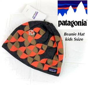 Patagonia パタゴニア キッズ ぼうし 新品 KS BEANIE HAT ビーニー ハット 帽子 柄あり s オレンジ ダークグレー系