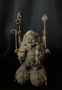 時代彫刻　仏教工芸品　一刀彫　総檜材　木彫仏像　三面大黒天立像