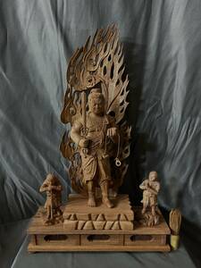 高57cm 仏教工芸品　総楠製　井波彫刻　極上彫　木彫仏像　不動明王三尊立像