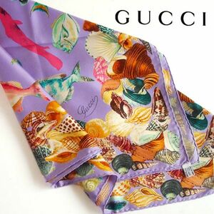 美品 ヴィンテージ GUCCI グッチ シルク100％ 魚 貝 海 プリント スカーフ イタリア製