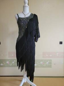 黒フリンジ踊る素敵なラテンドレス、MLサイズ