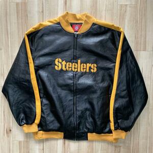 NFL STEELERS 軽量レザージャケット 全刺繍 ブラック サイドライン　スティーラーズ　激レア　刺ロゴ